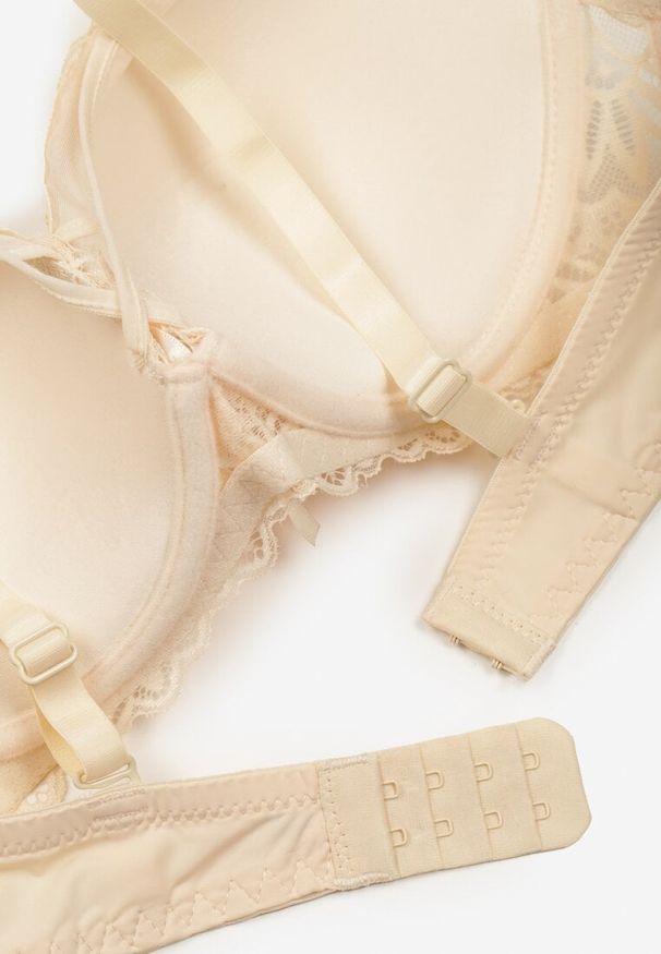 Born2be - Beżowy Biustonosz Ozdobiony Koronką i Kokardą Ronavia. Kolor: beżowy. Materiał: koronka. Rodzaj stanika: odpinane ramiączka. Wzór: aplikacja, koronka