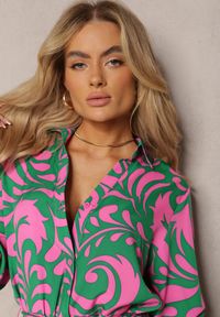 Renee - Zielono-Fuksjowa Sukienka Koszulowa Maxi z Materiałowym Paskiem w Abstrakcyjny Print Lirans. Kolor: zielony. Materiał: materiał. Wzór: nadruk. Typ sukienki: koszulowe. Długość: maxi #4