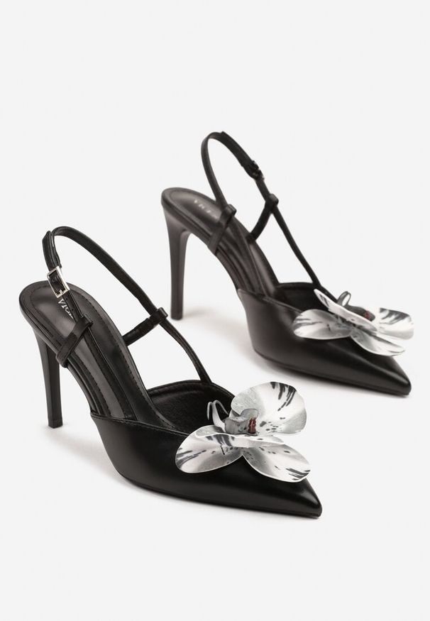Renee - Czarne Sandały na Szpilce Vices Slingback z Kwiatem 3D Koviano. Okazja: na imprezę. Zapięcie: sprzączka. Kolor: czarny. Wzór: kwiaty. Obcas: na szpilce. Styl: klasyczny, elegancki
