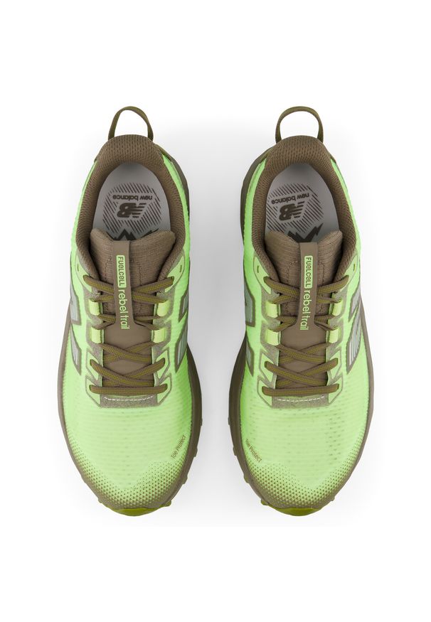 Buty męskie New Balance FuelCell Rebel Trail MRBT66K – zielone. Kolor: zielony. Materiał: syntetyk, materiał, guma. Szerokość cholewki: normalna. Sport: bieganie, fitness