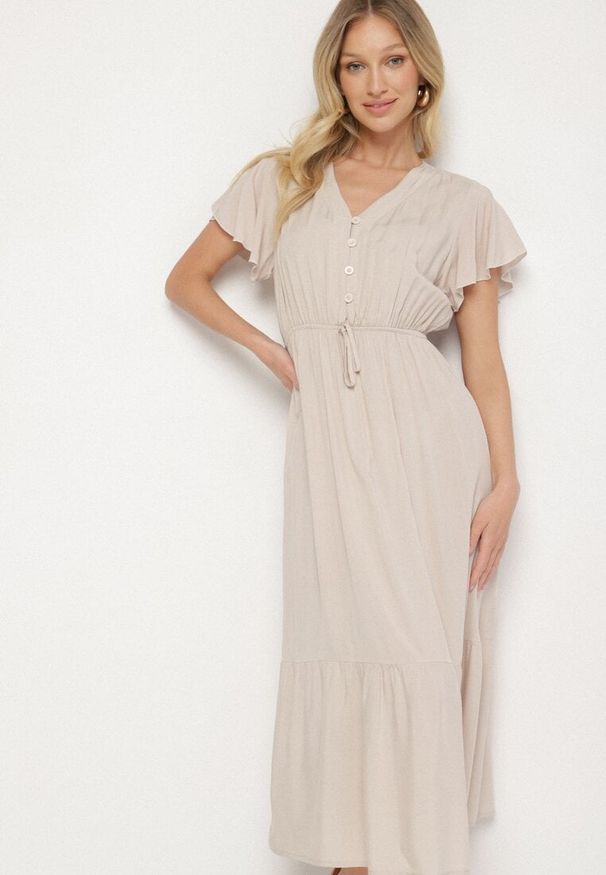 Born2be - Beżowa Bawełniana Sukienka o Rozkloszowanym Kroju z Wiązaniem w Talii Folarina. Okazja: na co dzień, na spacer. Typ kołnierza: dekolt w serek. Kolor: beżowy. Materiał: bawełna. Długość rękawa: krótki rękaw. Typ sukienki: rozkloszowane. Styl: casual, elegancki