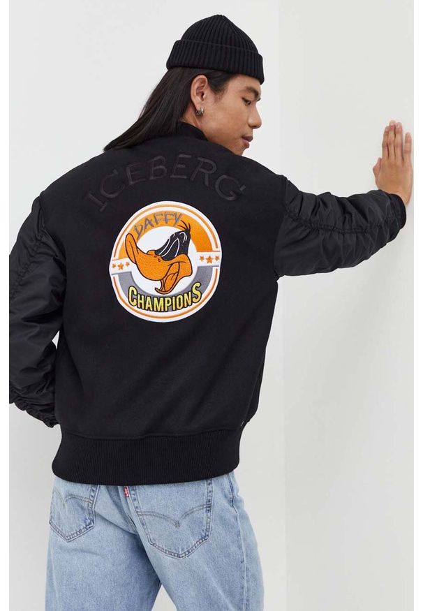 Iceberg kurtka bomber wełniana x Looney Tunes kolor czarny przejściowa. Kolor: czarny. Materiał: wełna
