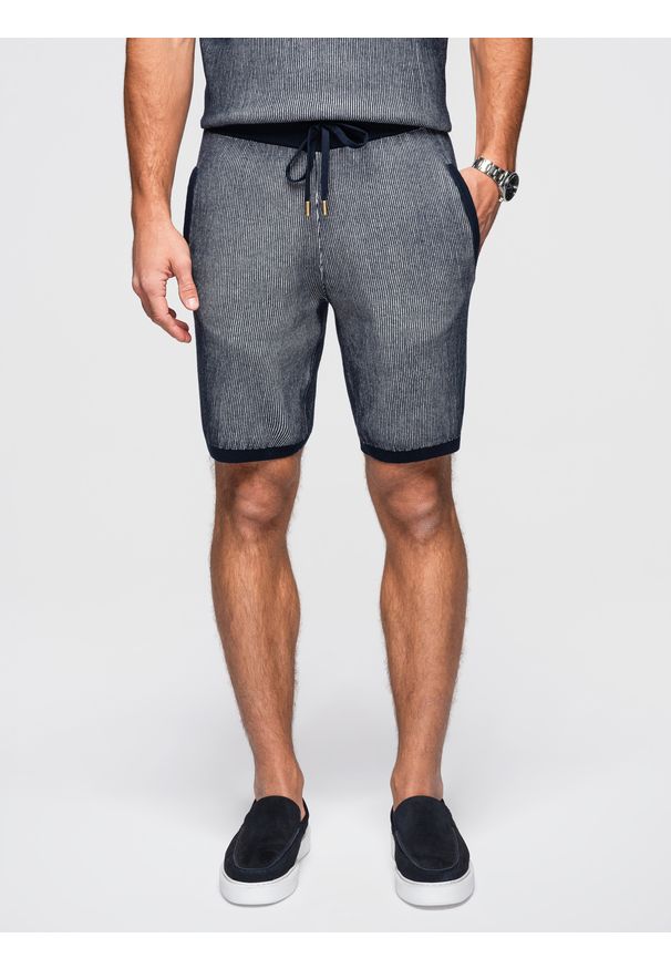 Ombre Clothing - Męskie szorty dzianinowe z regulacją w pasie - granatowe V3. Okazja: na co dzień. Kolor: niebieski. Materiał: dzianina. Długość: krótkie. Sezon: lato. Styl: casual