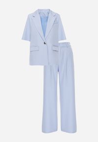 Born2be - Jasnoniebieski Garniturowy Komplet Marynarka na Krótki Rękaw i Szerokie Spodnie Amalilia. Kolor: niebieski. Materiał: szyfon #8