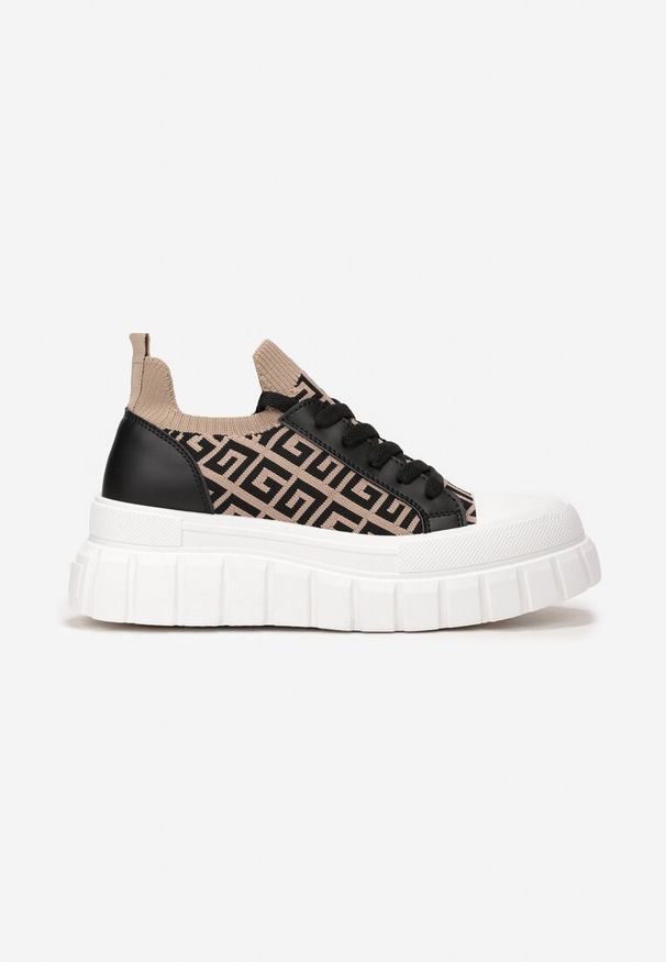 Born2be - Beżowo-Czarne Sneakersy na Platformie z Geometrycznym Wzorem Lallana. Nosek buta: okrągły. Kolor: beżowy. Materiał: materiał, guma. Szerokość cholewki: normalna. Wzór: geometria. Obcas: na platformie