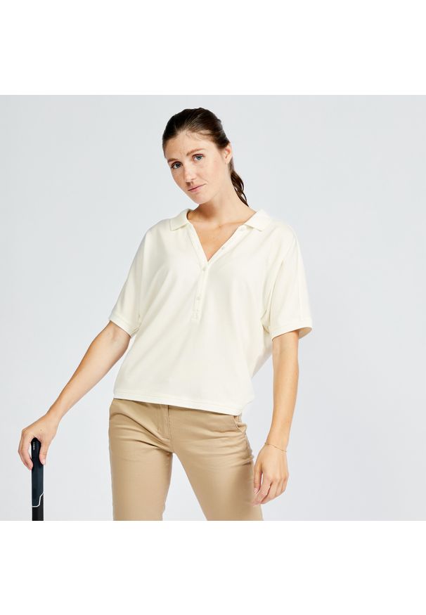 INESIS - Koszulka polo do golfa damska z krótkim rękawem Inesis MW520. Typ kołnierza: polo, golf. Kolor: biały. Materiał: materiał, bawełna, elastan, lyocell. Długość rękawa: krótki rękaw. Długość: krótkie. Styl: elegancki