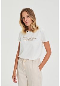 MOODO - Bluzka z napisem biała. Kolor: biały. Materiał: bawełna, elastan. Wzór: napisy #1