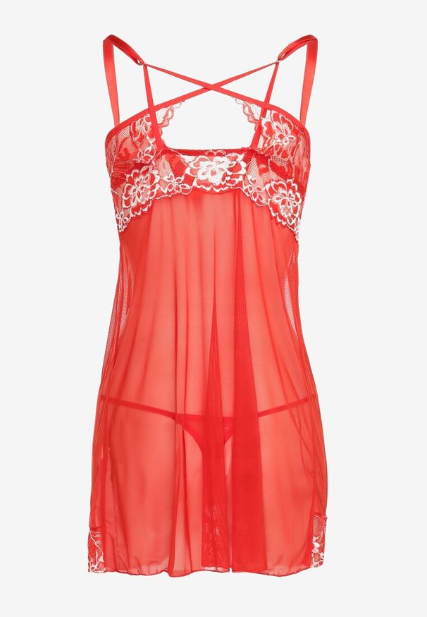 Born2be - Czerwona Koronkowa Koszula Nocna z Wbudowanym Biustonoszem i Stringami Perunia. Kolor: czerwony. Materiał: koronka