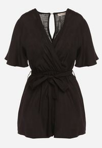Born2be - Czarny Bawełniany Kombinezon z Kopertowym Dekoltem i Materiałowym Paskiem w Talii Viklie. Kolor: czarny. Materiał: bawełna, materiał. Długość rękawa: krótki rękaw. Długość: krótkie. Styl: elegancki #5