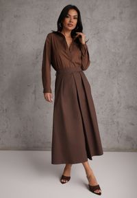 Renee - Brązowa Bawełniana Spódnica o Rozkloszowanym Kroju z Plisami Nerimara. Okazja: na co dzień. Kolor: brązowy. Materiał: bawełna. Wzór: gładki. Sezon: lato. Styl: casual #1