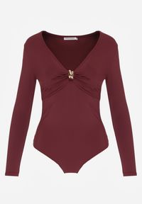 Born2be - Bordowe Body Ozdobione Aplikacją i Marszczeniem przy Dekolcie Ferenice. Okazja: na co dzień. Kolor: czerwony. Materiał: jeans. Wzór: aplikacja. Styl: casual #5