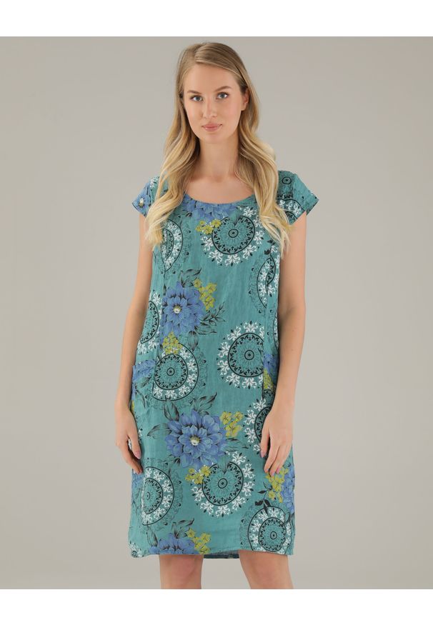 Unisono - WZORZYSTA SUKIENKA Z LNU 225-18388 DARGO. Materiał: len