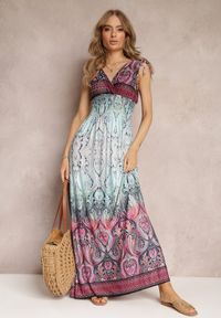 Renee - Niebiesko-Bordowa Kopertowa Sukienka Maxi z Gumkami w Talii i Ściągaczami na Ramionach Hannele. Kolor: niebieski. Materiał: materiał. Sezon: lato, wiosna. Typ sukienki: kopertowe. Długość: maxi