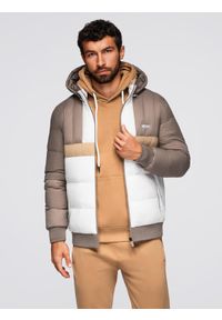 Ombre Clothing - Kolorowa sportowa męska kurtka w stylu retro – beżowo-biała V2 - Rozmiar: M. Typ kołnierza: kołnierzyk stójkowy. Kolor: biały. Materiał: syntetyk, materiał. Wzór: kolorowy. Styl: sportowy, retro