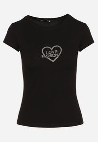 Born2be - Czarny Bawełniany T-shirt z Krótkim Rękawem Ozdobiony Napisem z Cyrkonii Efica. Okazja: na spacer, na co dzień. Kolor: czarny. Materiał: bawełna. Długość rękawa: krótki rękaw. Długość: krótkie. Wzór: napisy, aplikacja. Styl: casual #3