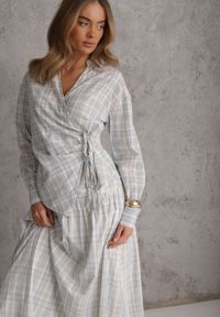 Renee - Niebieski Bawełniany Komplet Rozkloszowana Spódnica i Bluzka z Wiązaniem Allisa. Kolor: niebieski. Materiał: bawełna. Wzór: kratka #4