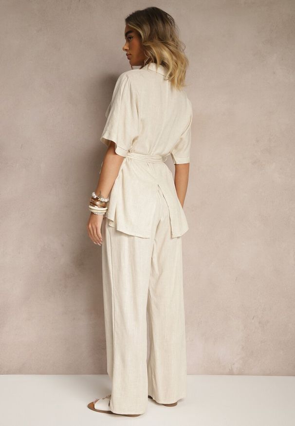 Renee - Ciemnobeżowy Komplet z Lnem i Wiskozą Szerokie Spodnie i Koszula z Paskiem Galanitia. Kolor: beżowy. Materiał: len, wiskoza