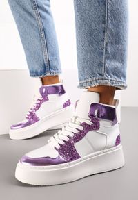 Renee - Biało-Fioletowe Sznurowane Sneakersy za Kostkę z Brokatem i Metalicznymi Wstawkami Sareena. Wysokość cholewki: za kostkę. Kolor: biały #1