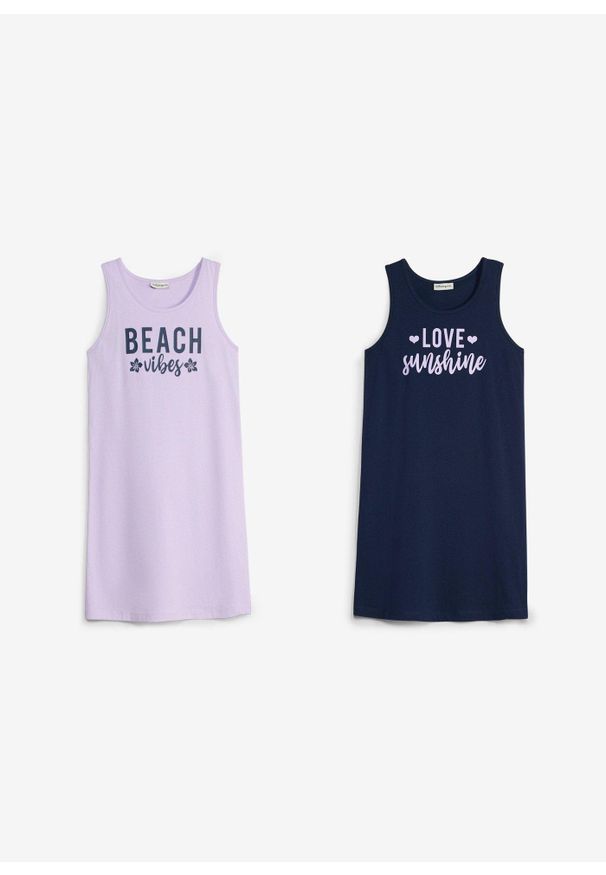 bonprix - Sukienka z dżerseju z czystej bawełny organicznej (2 szt.). Kolor: fioletowy. Materiał: jersey, bawełna. Długość rękawa: na ramiączkach. Wzór: nadruk. Sezon: lato. Typ sukienki: trapezowe, sportowe. Styl: sportowy