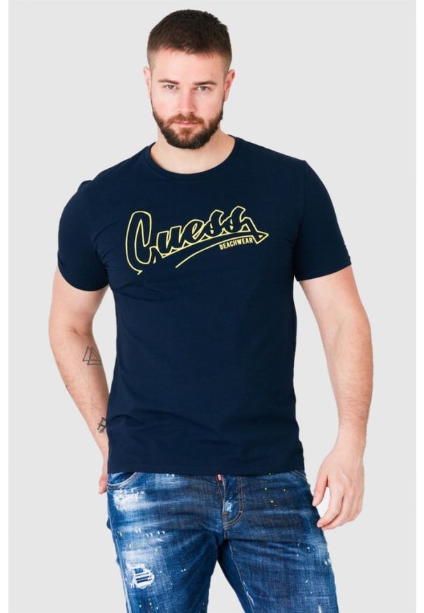 Guess - GUESS Granatowy t-shirt męski beachwear, Rozmiar S. Kolor: niebieski