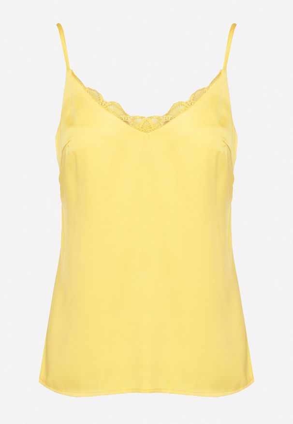 Born2be - Żółta Bluzka na Ramiączkach z Delikatną Koronką i Wiązaniem Deseniela. Okazja: na co dzień. Typ kołnierza: dekolt w kształcie V. Kolor: żółty. Materiał: koronka. Długość rękawa: na ramiączkach. Wzór: koronka. Styl: casual