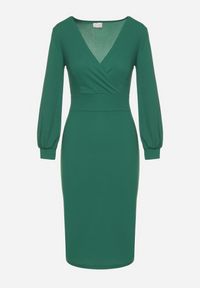 Born2be - Zielona Ołówkowa Sukienka z Kopertowym Dekoltem i Bufiastymi Rękawami Ertellia. Okazja: na ślub cywilny, na wesele, na randkę. Typ kołnierza: dekolt kopertowy. Kolor: zielony. Typ sukienki: ołówkowe, kopertowe. Styl: klasyczny #7