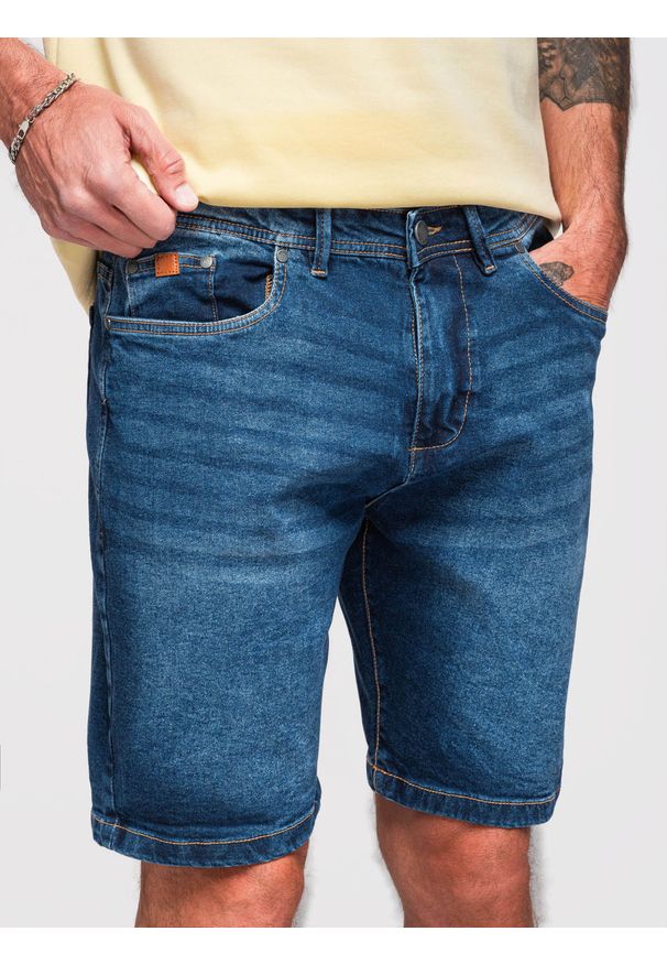 Ombre Clothing - Męskie denimowe szorty o klasycznym kroju – ciemnoniebieskie V3 - Rozmiar: S. Kolor: niebieski. Materiał: jeans, bawełna, elastan, skóra. Wzór: aplikacja. Sezon: lato. Styl: klasyczny