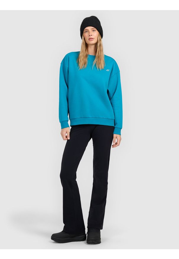 4f - 4F Bluza dresowa nierozpinana bez kaptura damska - turkusowa L. Okazja: na co dzień, na spacer. Typ kołnierza: bez kaptura. Kolor: turkusowy. Materiał: dresówka. Styl: casual. Sport: fitness, turystyka piesza
