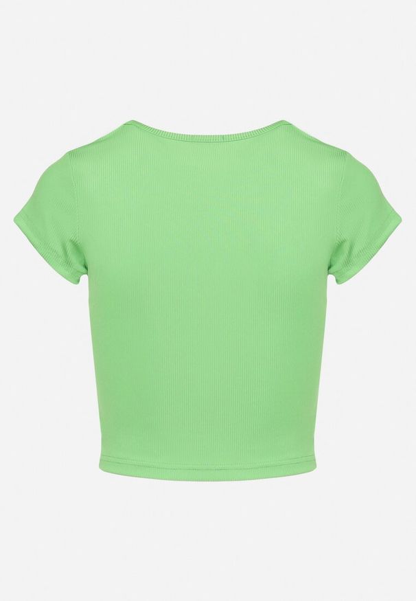 Born2be - Zielona Koszulka T-shirt z Krótkim Rękawem z Prążkowanej Dzianiny Nuvolia. Okazja: na co dzień. Kolor: zielony. Materiał: dzianina, prążkowany. Długość rękawa: krótki rękaw. Długość: krótkie. Styl: casual, sportowy