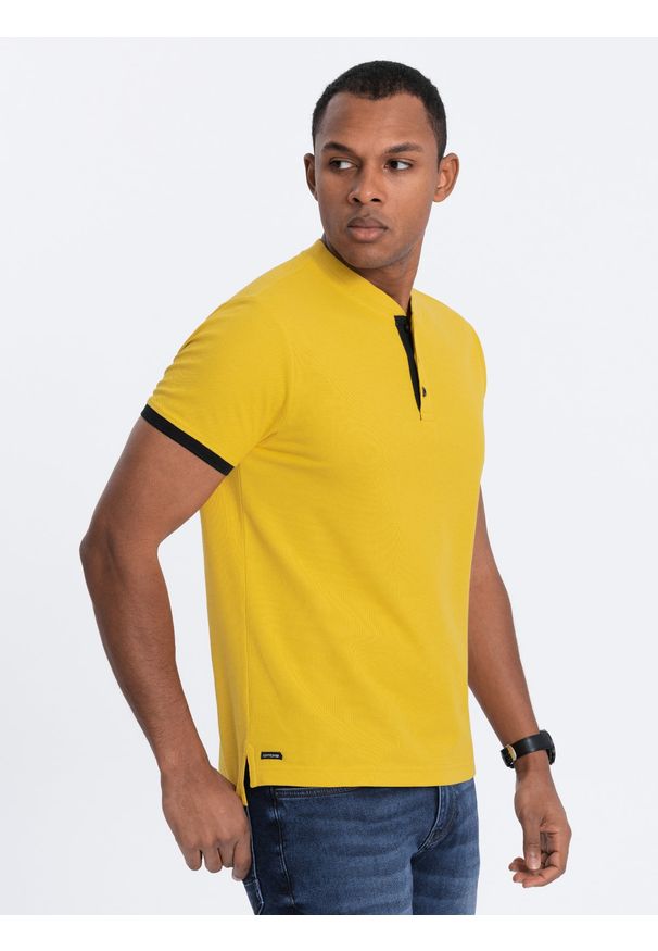 Ombre Clothing - Męska koszulka polo bez kołnierzyka - żółta V9 - Rozmiar: S. Typ kołnierza: polo, bez kołnierzyka. Kolor: żółty. Materiał: bawełna. Długość: długie
