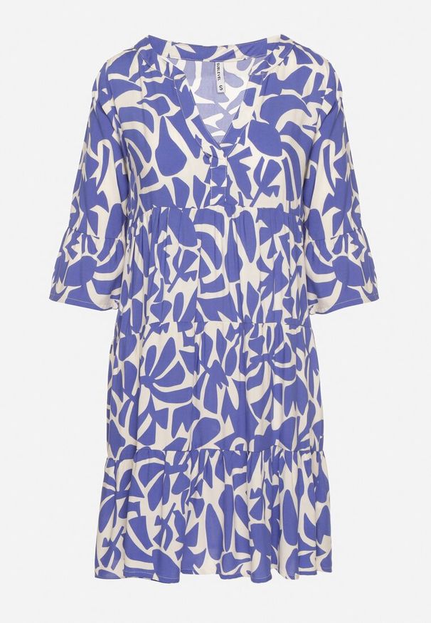 Born2be - Niebieska Wiskozowa Rozkloszowana Sukienka z Abstrakcyjnym Wzorem Liracalia. Okazja: na co dzień. Kolor: niebieski. Materiał: wiskoza. Styl: casual, elegancki