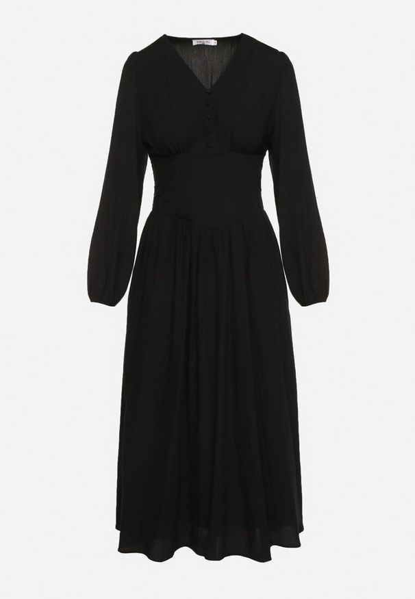 Born2be - Czarna Sukienka z Wiskozą z Gorsetową Talią i Bufiastymi Rękawami Aniste. Okazja: na co dzień. Typ kołnierza: dekolt gorset. Kolor: czarny. Materiał: wiskoza. Typ sukienki: gorsetowe. Styl: wizytowy, sportowy, casual, elegancki