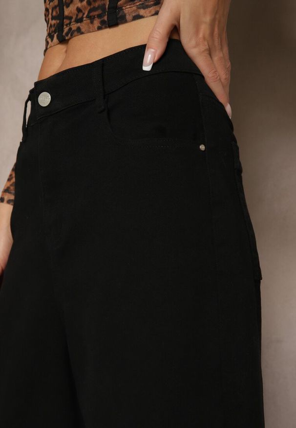 Renee - Czarne Szorty Jeansowe High Waist Typu Bermudy Baggy Sonallea. Okazja: na spacer. Stan: podwyższony. Kolor: czarny. Materiał: jeans. Wzór: aplikacja. Styl: elegancki