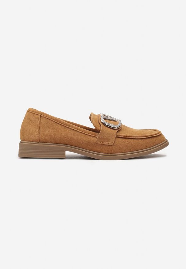 Renee - Brązowe Mokasyny Ozdobione Klamerką i Cyrkoniami z Ekozamszu Ahira. Kolor: brązowy. Wzór: aplikacja. Styl: vintage, boho, retro