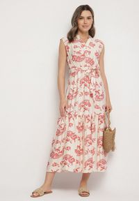 Born2be - Beżowo-Różowa Wiskozowa Sukienka w Abstrakcyjny Wzór z Paskiem Rinoriela. Okazja: na co dzień. Kolor: różowy. Materiał: wiskoza. Wzór: aplikacja. Typ sukienki: proste. Styl: casual, elegancki #2