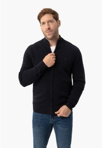 Volcano - Rozpinany sweter S-ALEX. Okazja: na co dzień. Typ kołnierza: kołnierzyk stójkowy. Kolor: niebieski. Materiał: prążkowany, dzianina, bawełna, materiał. Wzór: prążki. Styl: klasyczny, casual, sportowy #1