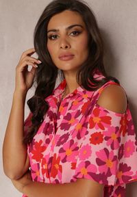 Renee - Fuksjowa Koszula Open Shoulder w Kwiatowy Print Veconda. Kolor: różowy. Wzór: nadruk, kwiaty