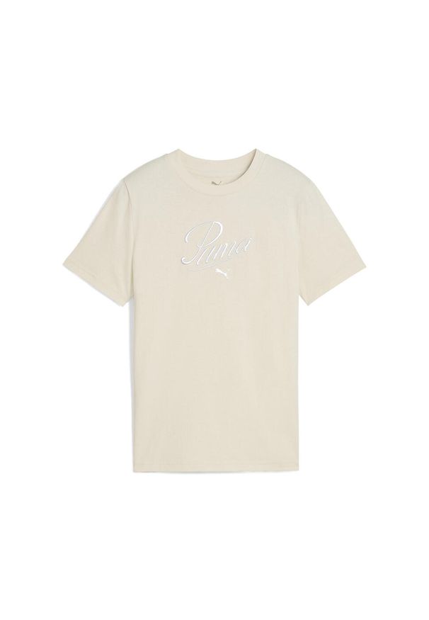 Puma - Młodzieżowa koszulka Essentials Script PUMA Alpine Snow White. Kolor: biały, beżowy, wielokolorowy. Wzór: haft. Sport: joga i pilates