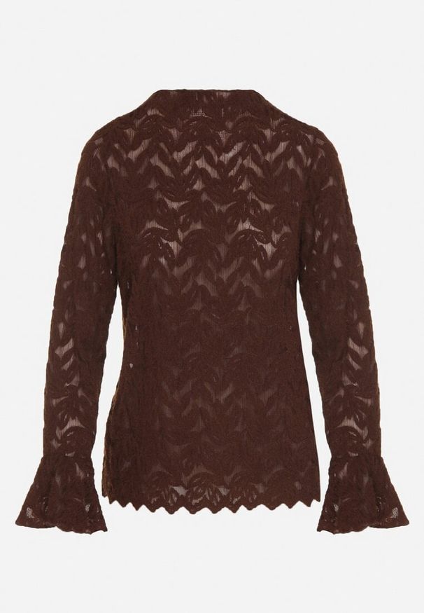 Born2be - Brązowa Koronkowa Bluzka ze Stójką i Rozszerzanymi Rękawami Nefina. Okazja: na co dzień. Typ kołnierza: kołnierzyk stójkowy. Kolor: brązowy. Materiał: koronka. Wzór: aplikacja. Styl: klasyczny, casual, elegancki