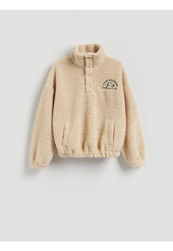 Reserved - Bluza sherpa ze stójką - beżowy. Typ kołnierza: kołnierzyk stójkowy. Kolor: beżowy
