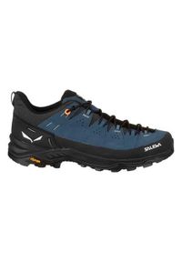 Buty trekkingowe męskie Salewa Alp Trainer 2. Kolor: wielokolorowy, niebieski, czarny. Materiał: skóra, materiał, syntetyk. Szerokość cholewki: normalna. Sezon: zima. Sport: turystyka piesza