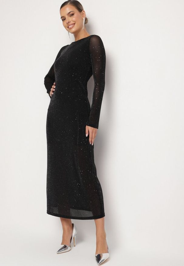 Born2be - Czarna Siateczkowa Sukienka z Odkrytymi Plecami Metaliczną Nicią Wiązana na Szyi Nominia. Okazja: na co dzień. Typ kołnierza: dekolt na plecach. Kolor: czarny. Długość rękawa: długi rękaw. Typ sukienki: oversize, proste. Styl: wizytowy, casual, glamour