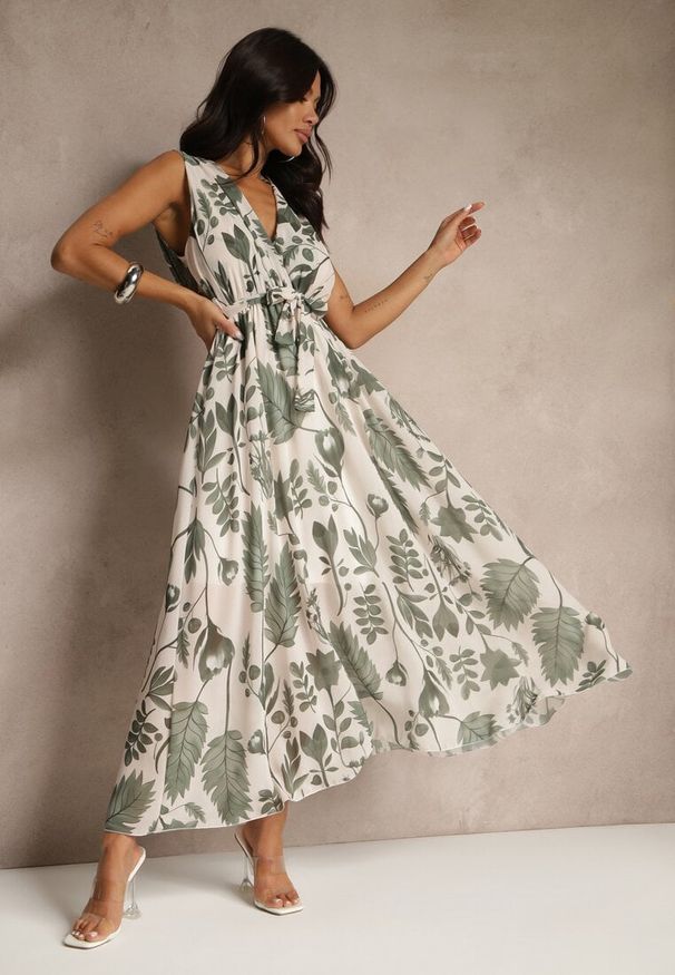 Renee - Zielona Sukienka z Wiskozą z Kopertowym Dekoltem i Wiązanym Paskiem Natisolve. Typ kołnierza: dekolt kopertowy. Kolor: zielony. Materiał: wiskoza. Typ sukienki: kopertowe. Styl: klasyczny