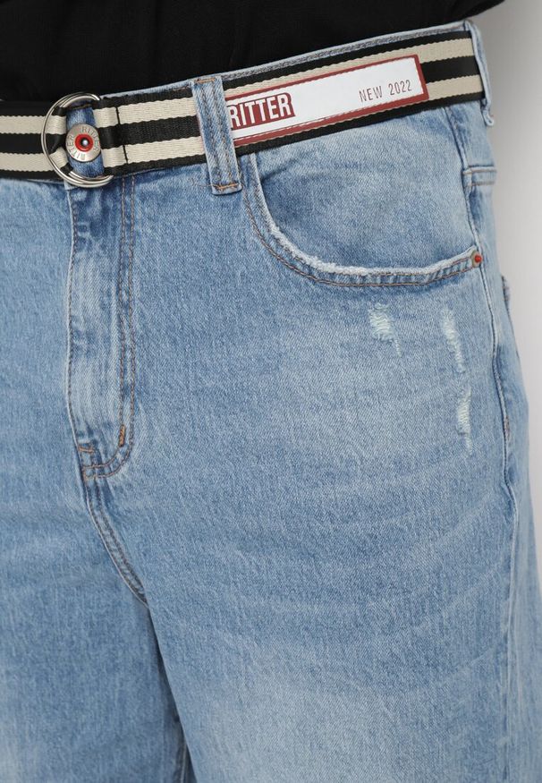 Born2be - Niebieskie Szerokie Jeansy z Bawełny Ozdobione Paskiem Lerillis. Okazja: na co dzień. Kolor: niebieski. Wzór: aplikacja. Styl: elegancki, casual