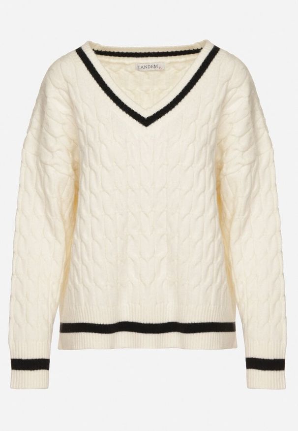 Born2be - Jasnobeżowy Sweter Preppy z Domieszką Kaszmiru Zdobiony Strukturalnym Splotem Lorentie. Okazja: na co dzień, do pracy, na spotkanie biznesowe. Typ kołnierza: dekolt w serek. Kolor: beżowy. Materiał: kaszmir. Wzór: aplikacja, ze splotem. Styl: casual, elegancki, biznesowy, klasyczny