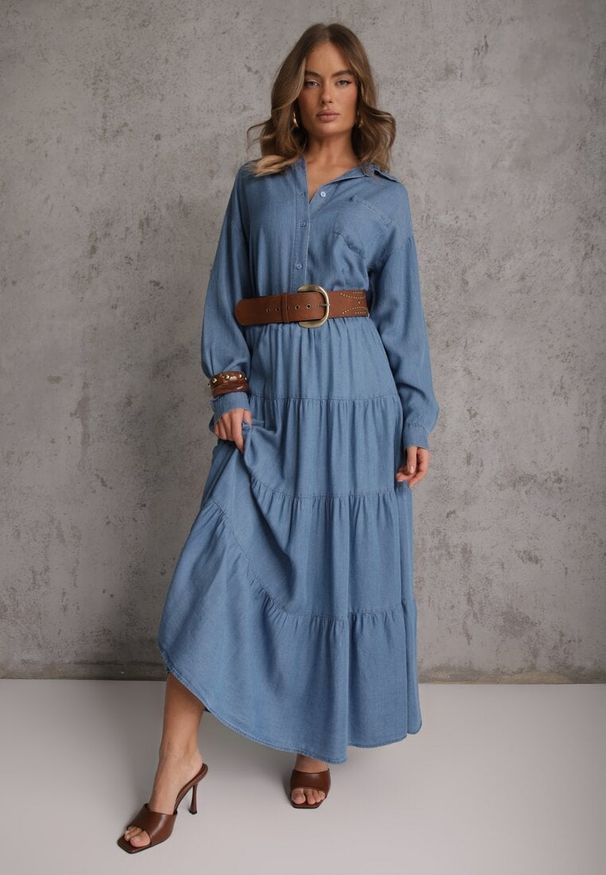 Renee - Niebieska Spódnica Rozkloszowana z Lyocellu High Waist Ozdobiona Falbanami Ravienne. Stan: podwyższony. Kolor: niebieski. Materiał: prążkowany, materiał. Wzór: aplikacja. Sezon: lato