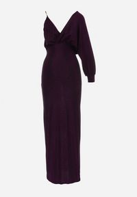 Born2be - Fioletowa Błyszcząca Asymetryczna Sukienka Maxi z Rozcięciem i Kopertowym Dekoltem Aknasa. Kolor: fioletowy. Materiał: materiał. Typ sukienki: kopertowe, asymetryczne. Długość: maxi #3