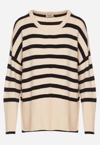 Born2be - Czarno-Kremowy Sweter o Kroju Oversize z Motywem Pasków Irtusa. Okazja: na co dzień. Kolor: czarny. Materiał: jeans. Styl: casual #4