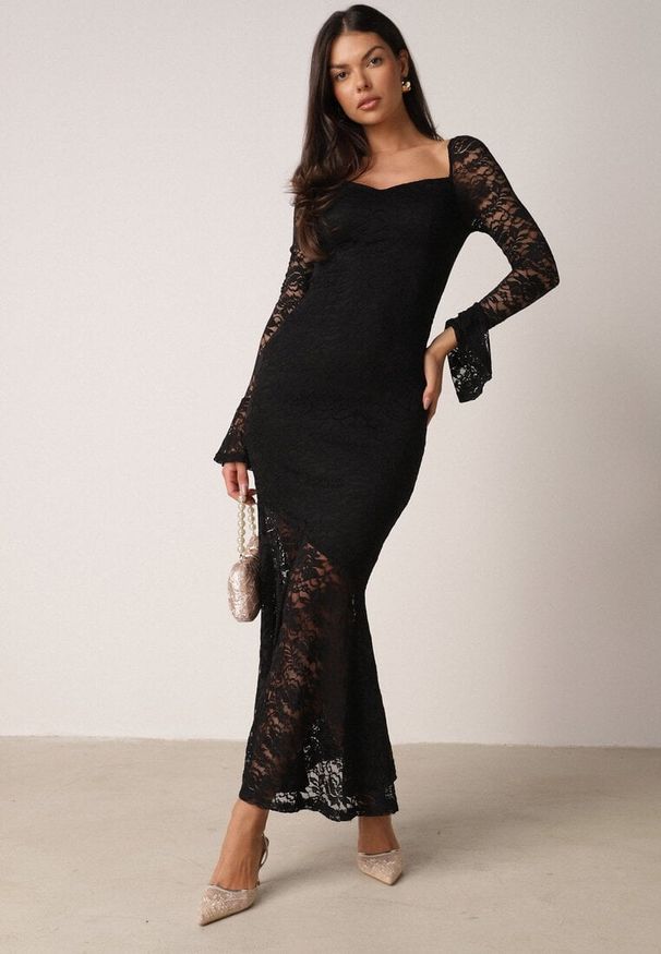 Born2be - Czarna Koronkowa Sukienka VICES o Eleganckim Kroju z Wiązaniem na Plecach Irinlenne. Okazja: na randkę. Kolor: czarny. Materiał: koronka. Styl: elegancki