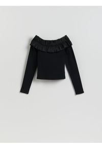 Reserved - Longsleeve z ozdobnym dekoltem - czarny. Kolor: czarny. Materiał: dzianina, bawełna. Długość rękawa: długi rękaw #1